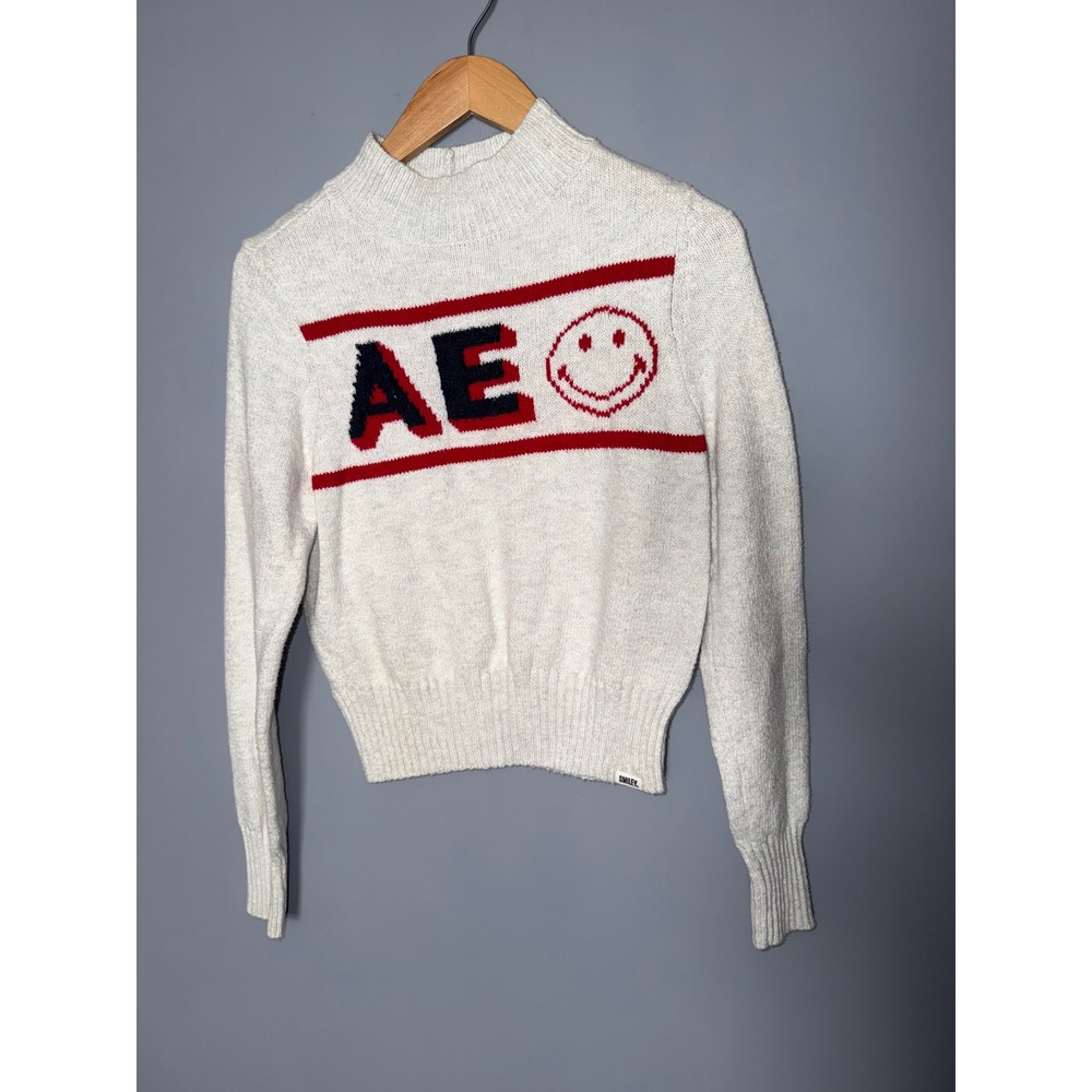 American Eagle x Smiley Mock Neck Graphic Sweater‎ Oatmeal Red Womens Small